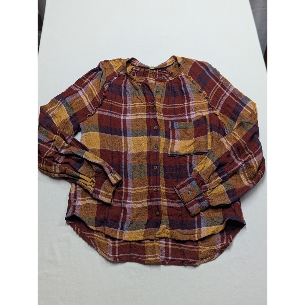 Pilcro Anthropologie Plaid Button Down Shirt Ruffle Detail Burgundy Yellow Small
